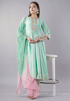 Embroidered Cotton Silk Anarkali Suit in Sea Green