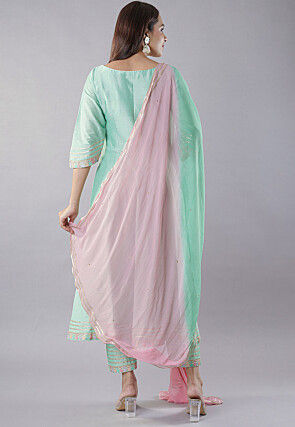 Embroidered Cotton Silk Anarkali Suit in Sea Green
