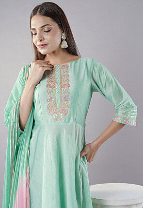 Embroidered Cotton Silk Anarkali Suit in Sea Green