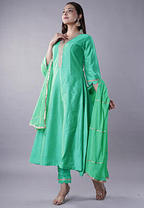 Embroidered Cotton Silk Anarkali Suit in Teal Green