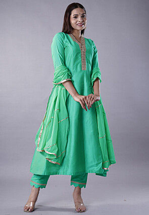 Embroidered Cotton Silk Anarkali Suit in Teal Green