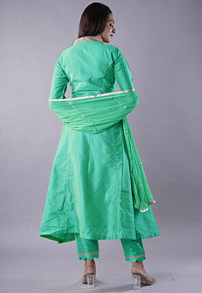 Embroidered Cotton Silk Anarkali Suit in Teal Green