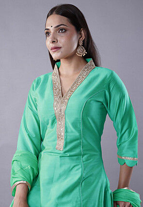 Embroidered Cotton Silk Anarkali Suit in Teal Green