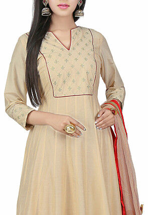 Embroidered Cotton Silk Anarkali Suits in Beige