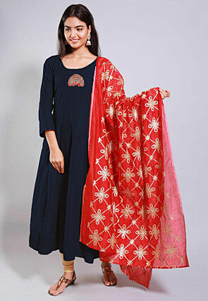 Embroidered Cotton Silk Anarkali Suits in Navy Blue