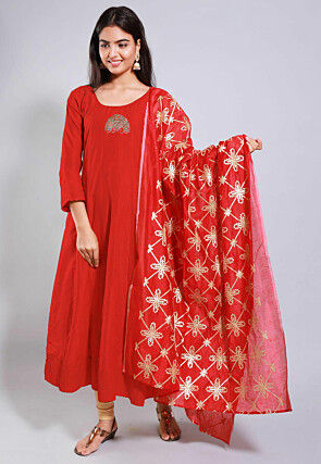 Embroidered Cotton Silk Anarkali Suits in Red