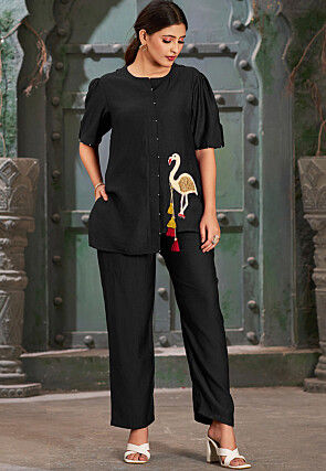 Embroidered Cotton Silk Asymmetric Top Set in Black