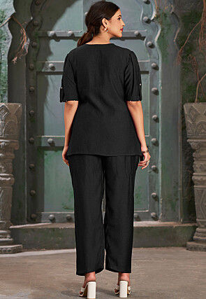 Embroidered Cotton Silk Asymmetric Top Set in Black