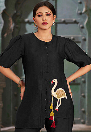 Embroidered Cotton Silk Asymmetric Top Set in Black