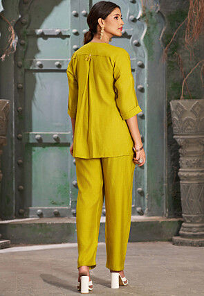 Embroidered Cotton Silk Asymmetric Top Set in Light Olive Green