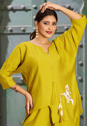 Embroidered Cotton Silk Asymmetric Top Set in Light Olive Green