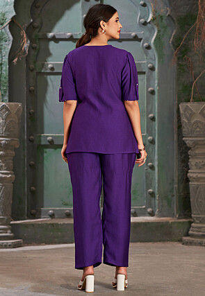 Embroidered Cotton Silk Asymmetric Top Set in Purple