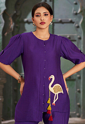 Embroidered Cotton Silk Asymmetric Top Set in Purple