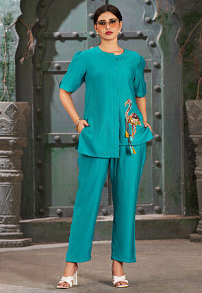Embroidered Cotton Silk Asymmetric Top Set in Teal Blue