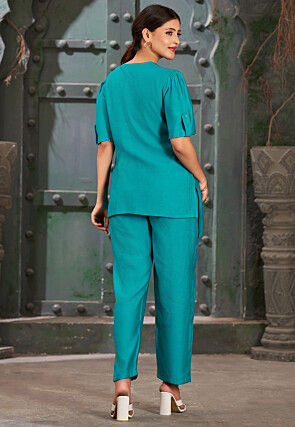 Embroidered Cotton Silk Asymmetric Top Set in Teal Blue