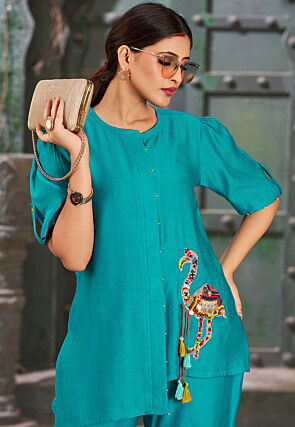 Embroidered Cotton Silk Asymmetric Top Set in Teal Blue