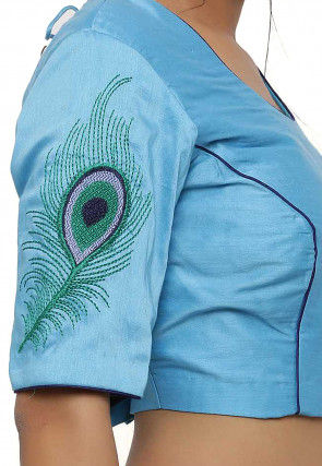 Embroidered Cotton Silk Blouse in Light Blue