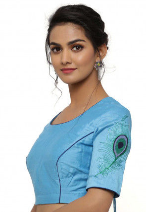 Embroidered Cotton Silk Blouse in Light Blue