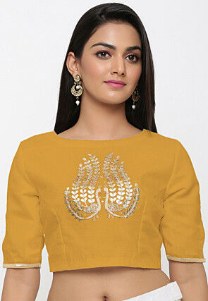 Embroidered Cotton Silk Blouse in Mustard