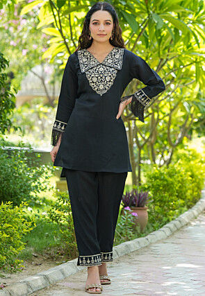 Embroidered Cotton Silk Co Ord Set  in Black