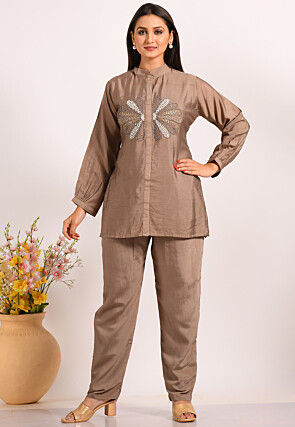 Embroidered Cotton Silk Co ord Set in Brown