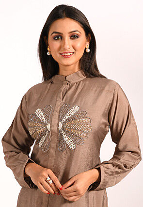 Embroidered Cotton Silk Co ord Set in Brown