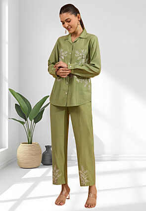Embroidered Cotton Silk Co Ord Set in Dusty Green