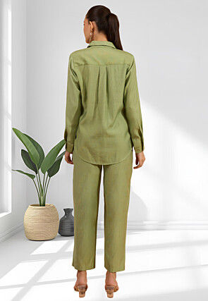 Embroidered Cotton Silk Co Ord Set in Dusty Green