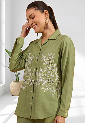 Embroidered Cotton Silk Co Ord Set in Dusty Green