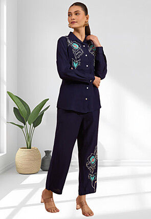 Embroidered Cotton Silk Co Ord Set in Navy Blue