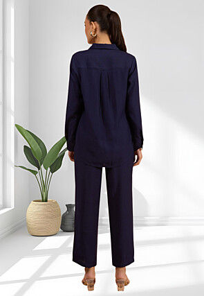 Embroidered Cotton Silk Co Ord Set in Navy Blue