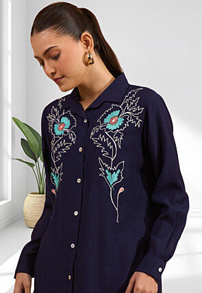 Embroidered Cotton Silk Co Ord Set in Navy Blue