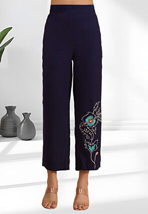 Embroidered Cotton Silk Co Ord Set in Navy Blue