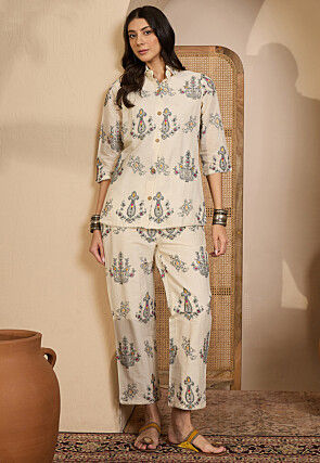 Embroidered Cotton Silk Co Ord Set in Off White