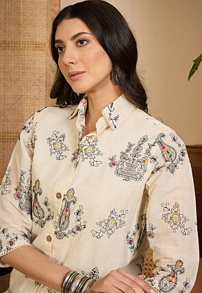 Embroidered Cotton Silk Co Ord Set in Off White