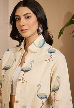 Embroidered Cotton Silk Co Ord Set in Off White