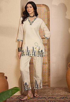 Embroidered Cotton Silk Co Ord Set in Off White