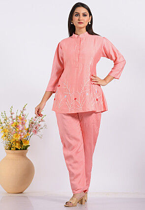 Embroidered Cotton Silk Co ord Set in Peach