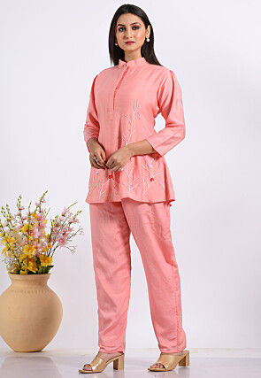 Embroidered Cotton Silk Co ord Set in Peach