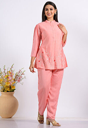 Embroidered Cotton Silk Co ord Set in Peach