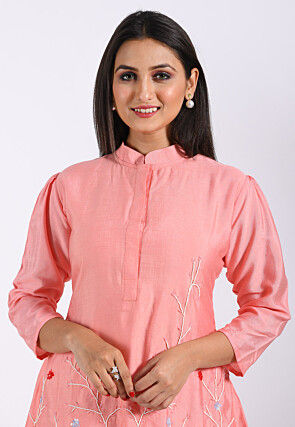Embroidered Cotton Silk Co ord Set in Peach