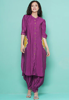 Embroidered Cotton Silk Co - Ord Set in Purple