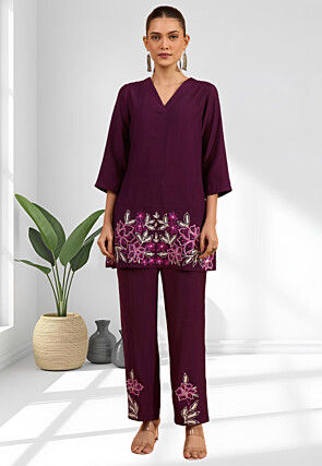 Embroidered Cotton Silk Co Ord Set in Wine