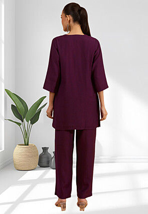 Embroidered Cotton Silk Co Ord Set in Wine