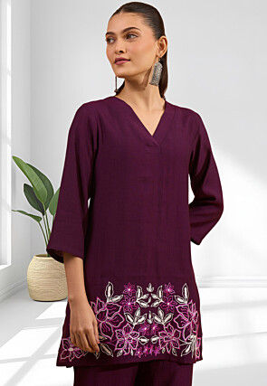 Embroidered Cotton Silk Co Ord Set in Wine