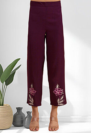 Embroidered Cotton Silk Co Ord Set in Wine