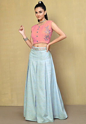 Embroidered Cotton Silk Crop Top Set in Pink
