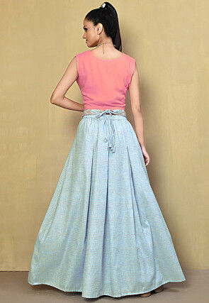 Embroidered Cotton Silk Crop Top Set in Pink