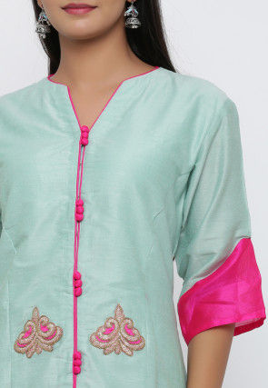 Embroidered Cotton Silk Front Slit Kurta in Sea Green