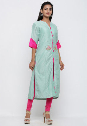 Embroidered Cotton Silk Front Slit Kurta in Sea Green
